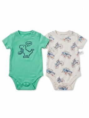 2-Pack Baby Bodysuits with Dinosaur & Vehicle Prints - Green & Cream